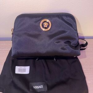 Versace La Medusa Black Nylon Pouch Clutch Bag Gold Medusa Logo NEW